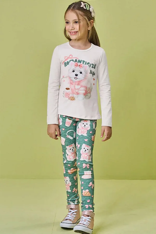 Conjunto de Blusa Alongada em Cotton e Calça Legging em Fly Tech Kukiê Infantil Menina