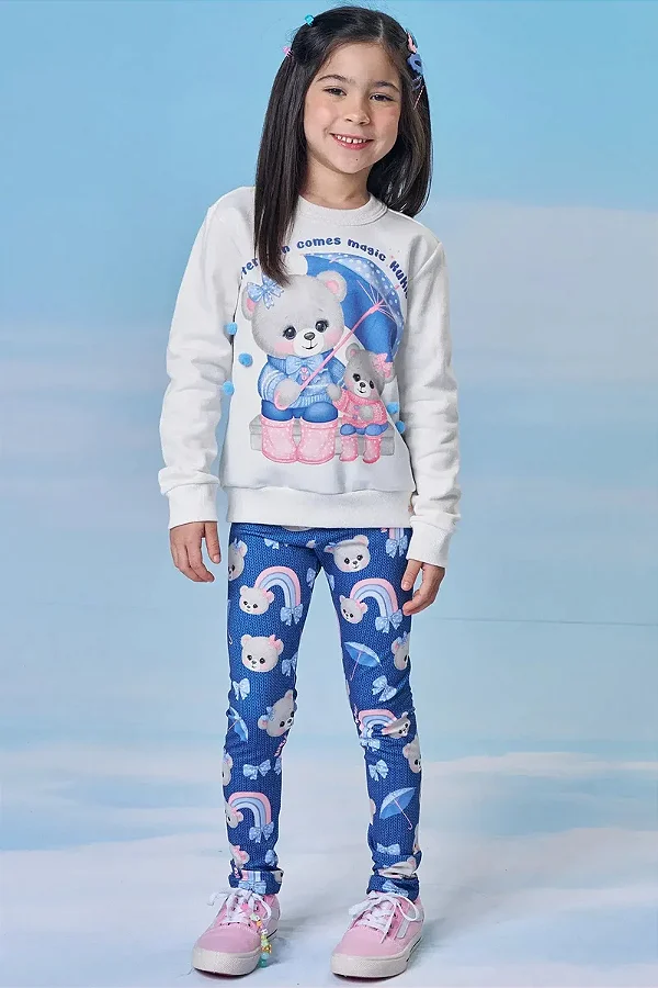 Conjunto de Blusão em Moletom com Pelúcia e Calça Legging em Termoskin Peluciado Kukiê Infantil Menina