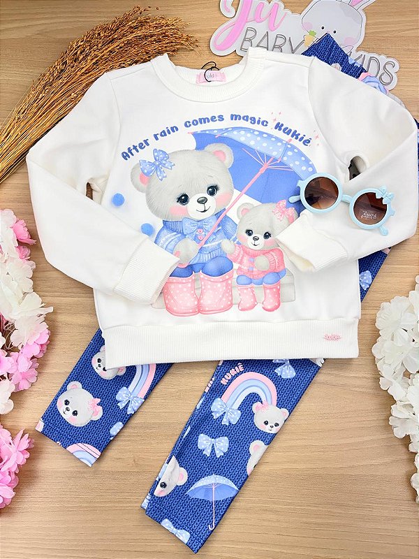 Conjunto de Blusão em Moletom com Pelúcia e Calça Legging em Termoskin Peluciado Kukiê Infantil Menina