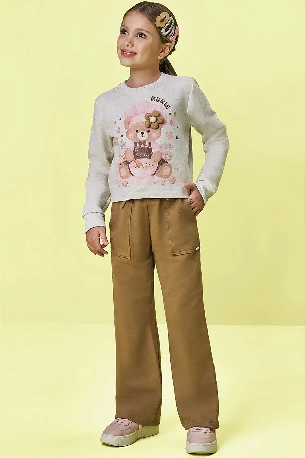 Conjunto de Blusão Boxy e Calça Wide Leg em Moletom sem Pelúcia Kukiê Infantil Menina