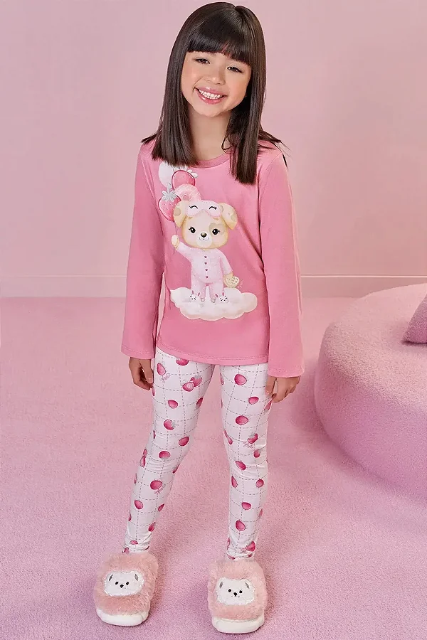 Conjunto de Pijama de Blusa em Meia Malha com Calça Legging em Malha Comfy Infanti Infantil Menina