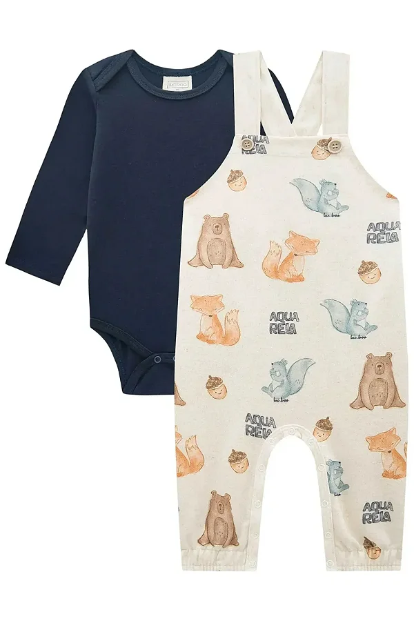 Conjunto de Body em Cotton e Jardineira em Moletom Linho sem Pelúcia LucBoo Bebê Menino
