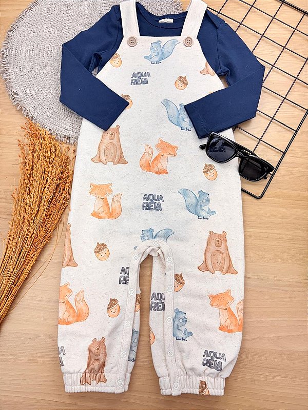 Conjunto de Body em Cotton e Jardineira em Moletom Linho sem Pelúcia LucBoo Bebê Menino