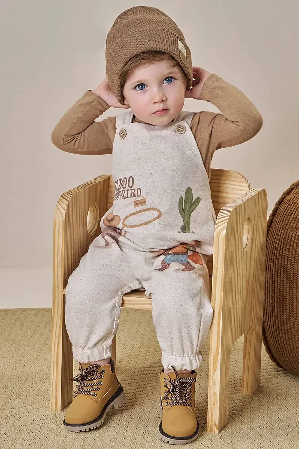 Conjunto de Body em Cotton e Jardineira em Moletom Linho sem Pelúcia LucBoo Bebê Menino