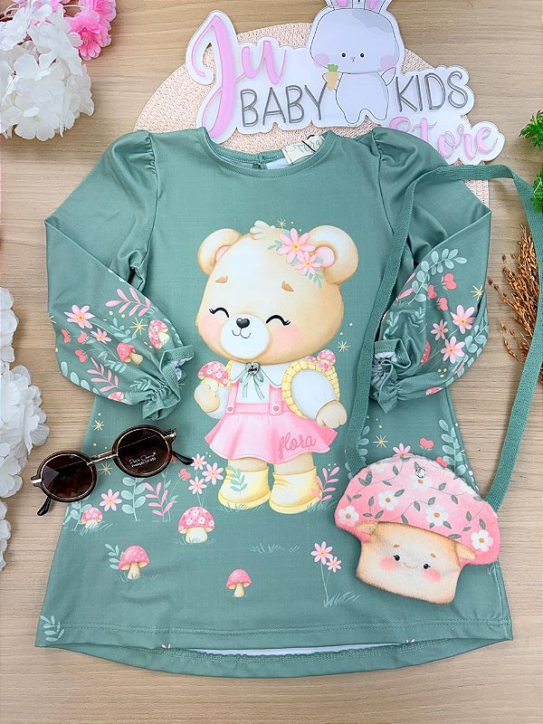 Vestido em Malha Comfy. Acompanha Bolsa em Fleece Infanti Bebê Menina