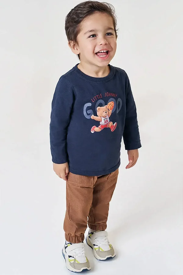 Conjunto de Camiseta em Meia Malha e Calça Jogger em Cotton Jeans com Elastano Johnny Fox Bebê Menino