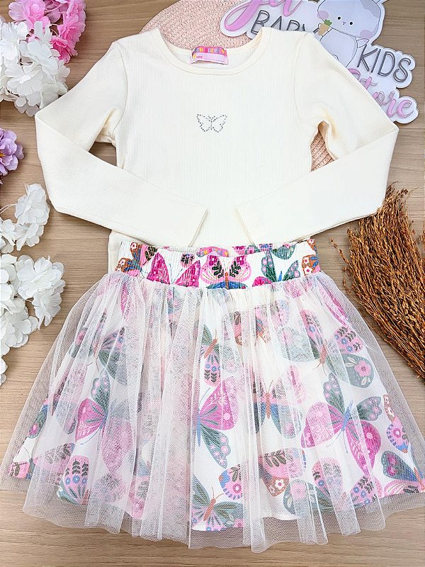 Conjunto Blusa Canelada e Saia Tule Borboleta Mon Sucré