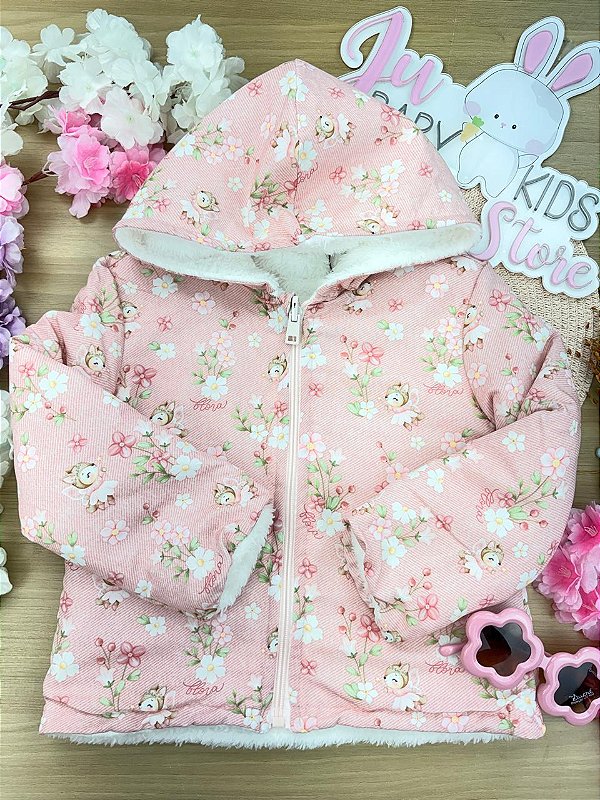 Jaqueta Reversível em Nylon e Pelo Carneirinho Dublado Infanti Bebê Menina