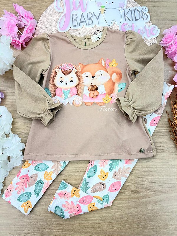 Conjunto de Bata em Cotton com Calça Legging em Molecotton Infanti Bebê Menina