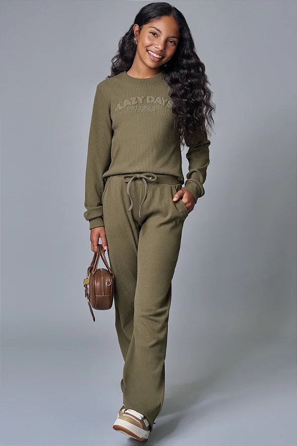 Conjunto de Blusa Boxy e Calça Reta em Canelado Soft Lilimoon Teen Menina