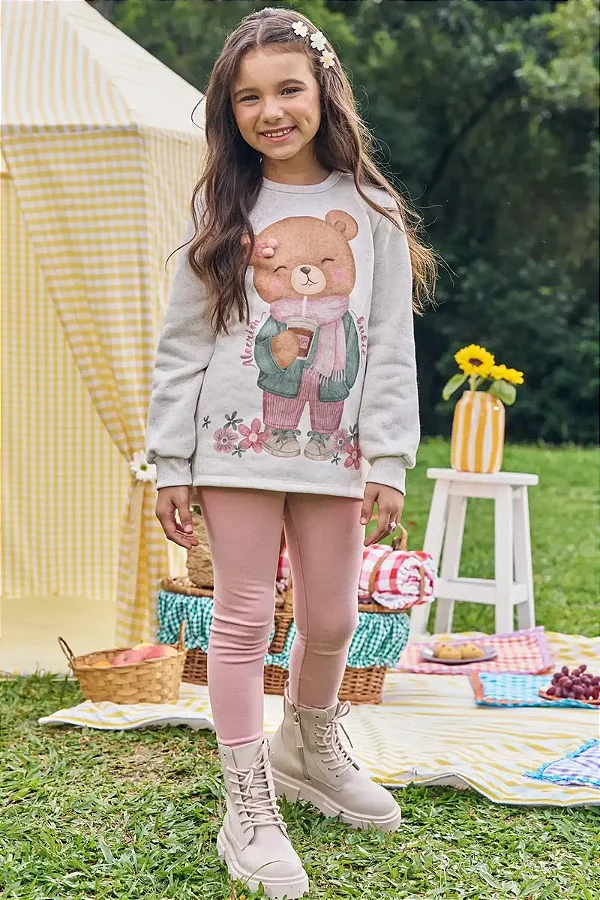Conjunto de Blusão Over em Moletom Linho com Pelúcia e Calça Legging em Canelado Comfy Kukiê Infantil Menina