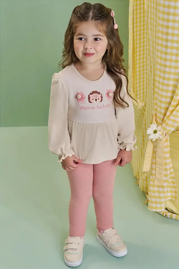 Conjunto de Bata em Cotton e Calça Legging em Cotton Jeans Kukiê Bebê Menina