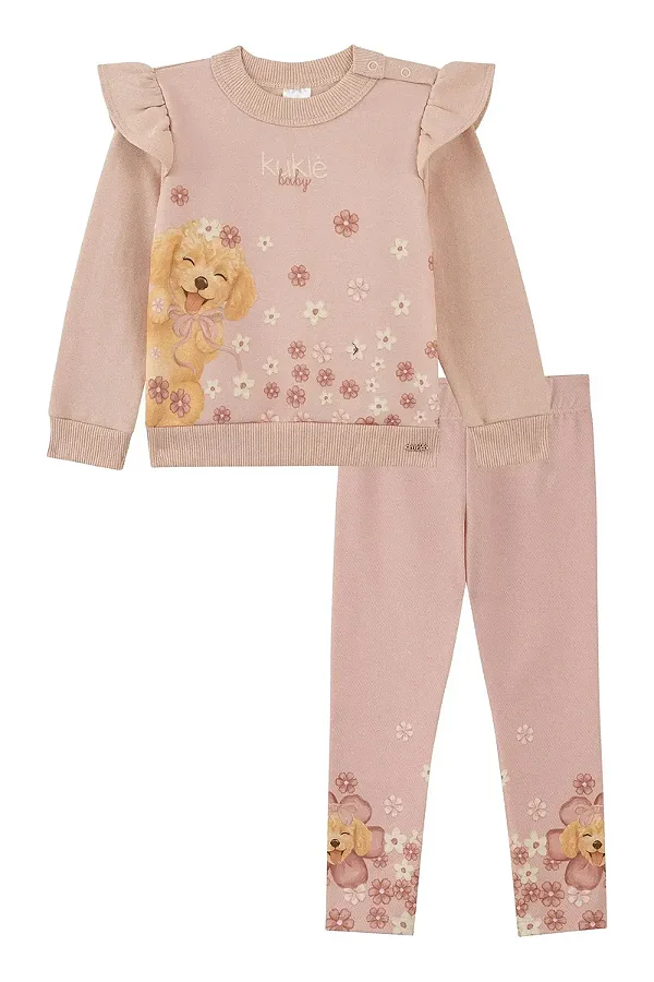 Conjunto de Blusão em Moletom com Pelúcia e Calça Legging em Termoskin Peluciado Kukiê Bebê Menina