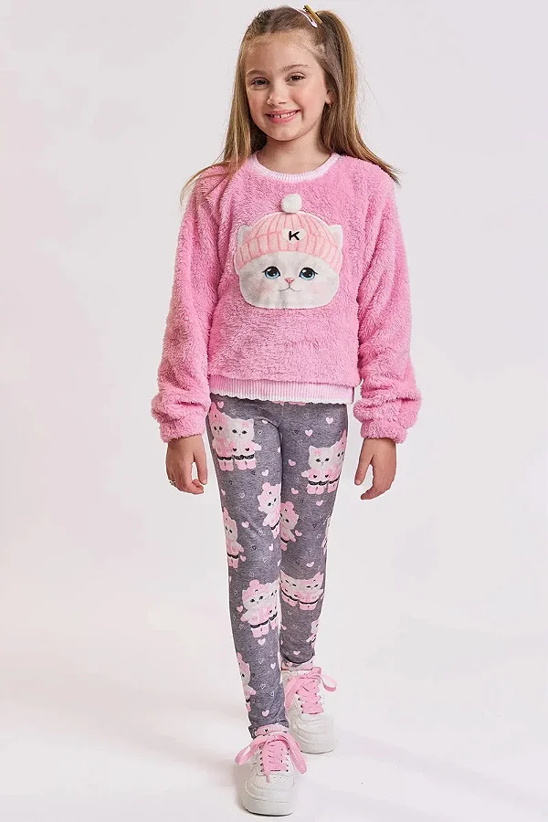 Conjunto de Blusão em Pelo Carneirinho e Calça Legging em Termoskin Peluciado Kukiê Infantil Menina