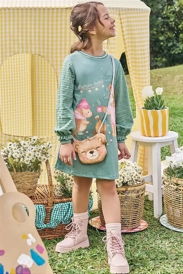 Vestido em Malha Textura (acompanha Bolsa) Kukiê Infantil Menina