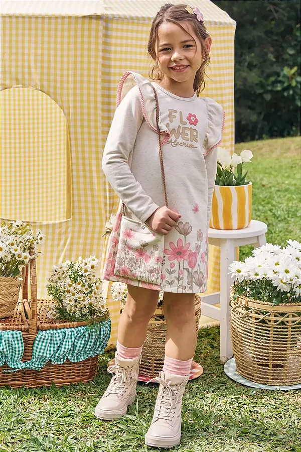 Vestido em Moletom sem Pelúcia (acompanha Bolsa) Kukiê Infantil Menina