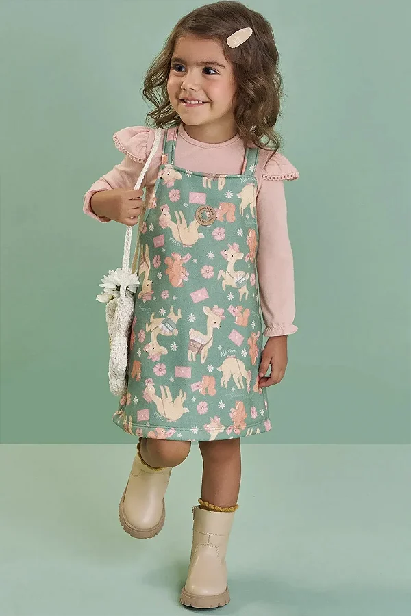 Conjunto de Blusa em Cotton e Salopete em Moletom com Pelúcia Kukiê Bebê Menina