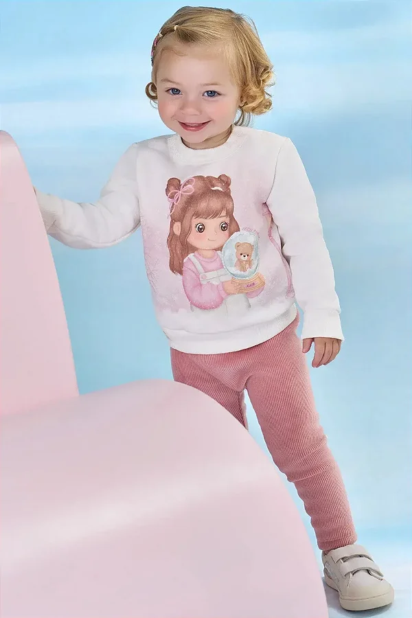 Conjunto de Blusão em Moletom com Pelúcia e Calça Legging em Fleece Cotelê com Elastano Kukiê Bebê Menina