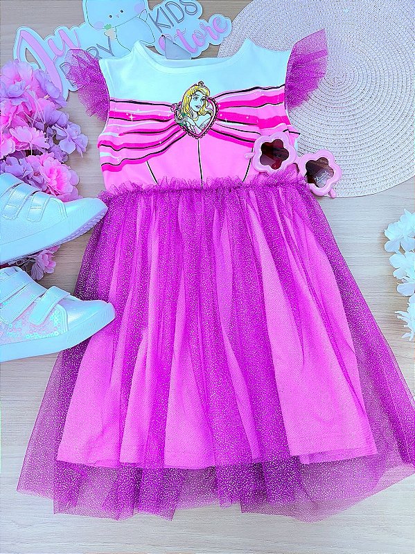 Vestido Infantil Menina Bimbi da Aurora Disney com Tule de Brilho