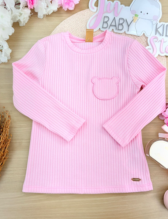 Blusa Manga Longa em Ribana Canelada Rosa Up Baby