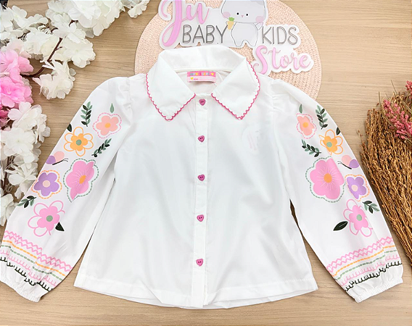Camisa Manga Longa Estampada Com Gola Bordada Mon Sucré