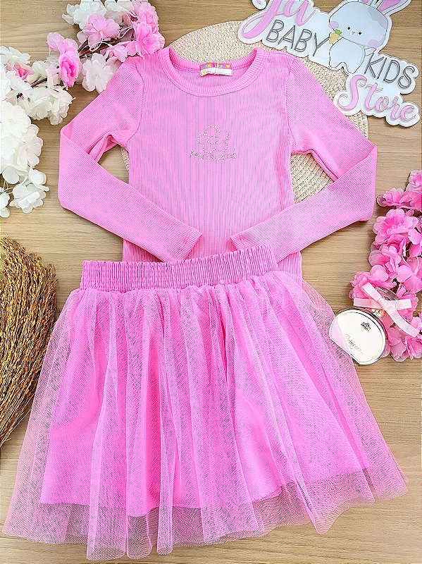 Conjunto Blusa Manga Longa Ribana e Saia Tule Mon Sucré