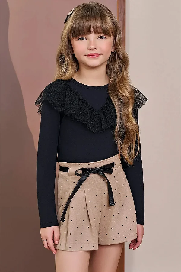 Conjunto de Blusa em Cotton e Shorts em Linho Santorine com Elastano Infanti Infantil Menina