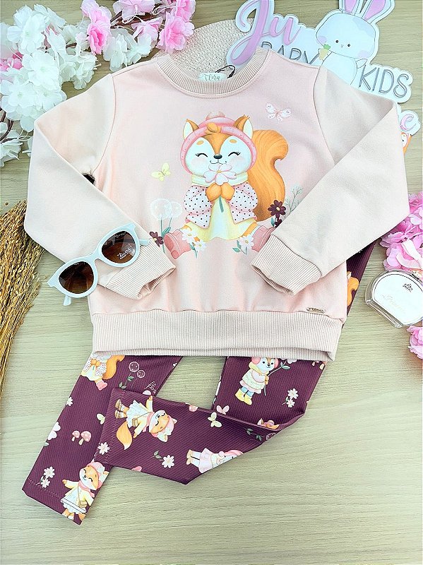 Conjunto de Blusão em Moletom com Pelúcia e Calça Legging em Termoskin Peluciado Infanti Infantil Menina