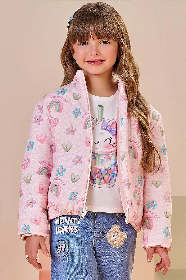 Jaqueta Puffer Reversível em Veludo com Elastano e Malha Comfy Infanti Infantil Menina