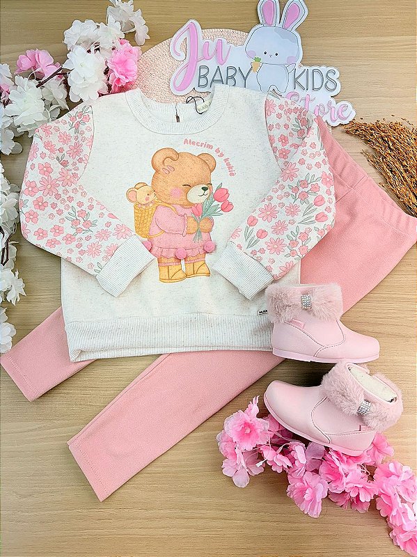 Conjunto de Blusão em Moletom Linho com Pelúcia e Calça Legging em Canelado Comfy Kukiê Bebê Menina