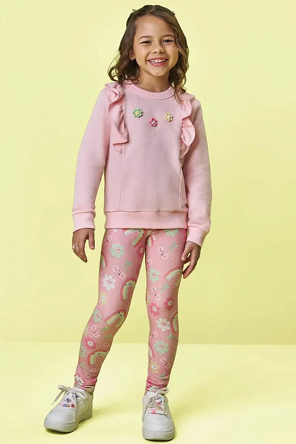 Conjunto de Blusão em Moletom sem Pelúcia e Legging em Malha Power Kukiê Infantil Menina