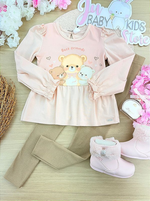 Conjunto de Bata em Cotton e Calça Legging em Canelado Kukiê Bebê Menina
