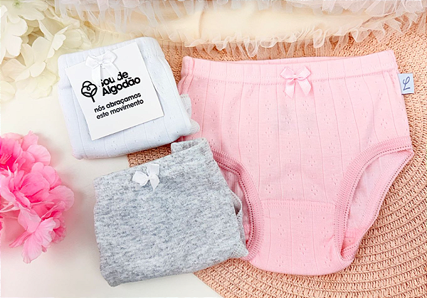 Kit c/ 3 Calcinhas Bebê/Infantil em malha dupla trabalhada - 100% Algodão Luna
