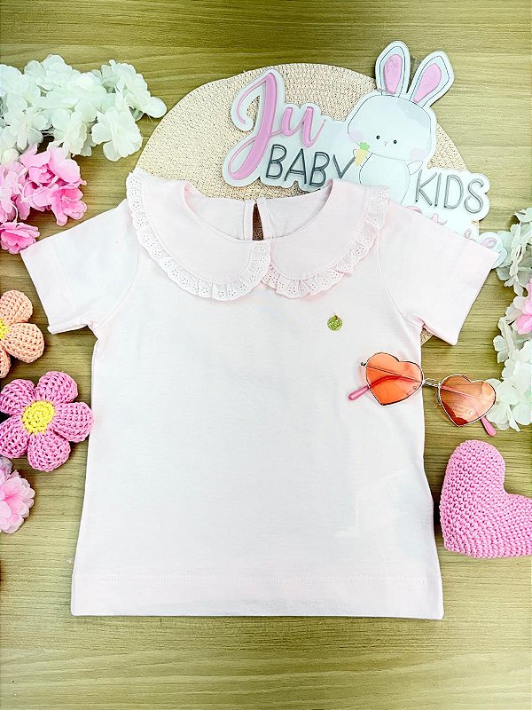 Blusa em Meia Malha e Gola com Renda Rosa Up Baby