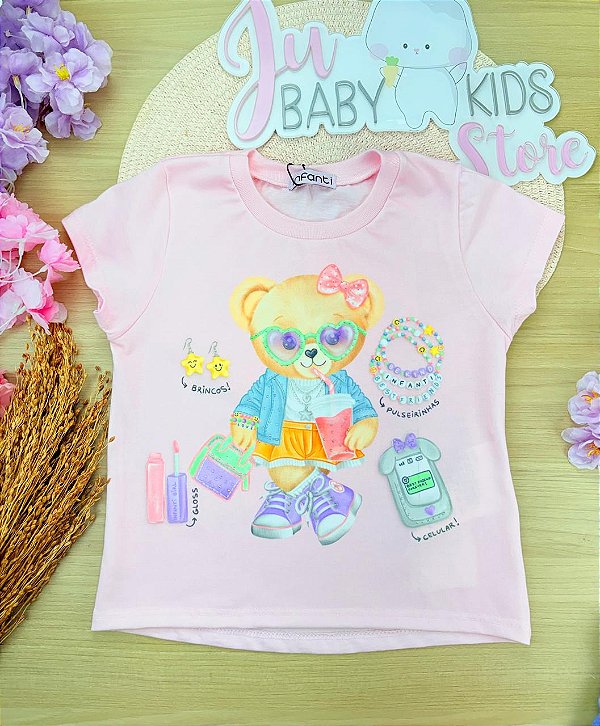 Blusa em Meia Malha Rosa Ursinha Infanti