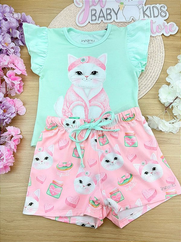 Conjunto de Pijama de Blusa em Meia Malha com Shorts em Malha Comfy Infanti