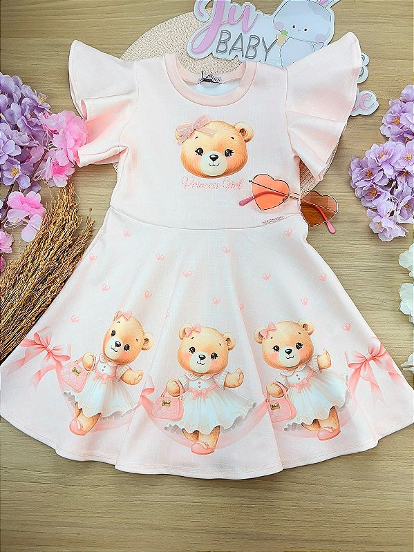 Vestido em Fly Tech Rosa Ursinha Infanti