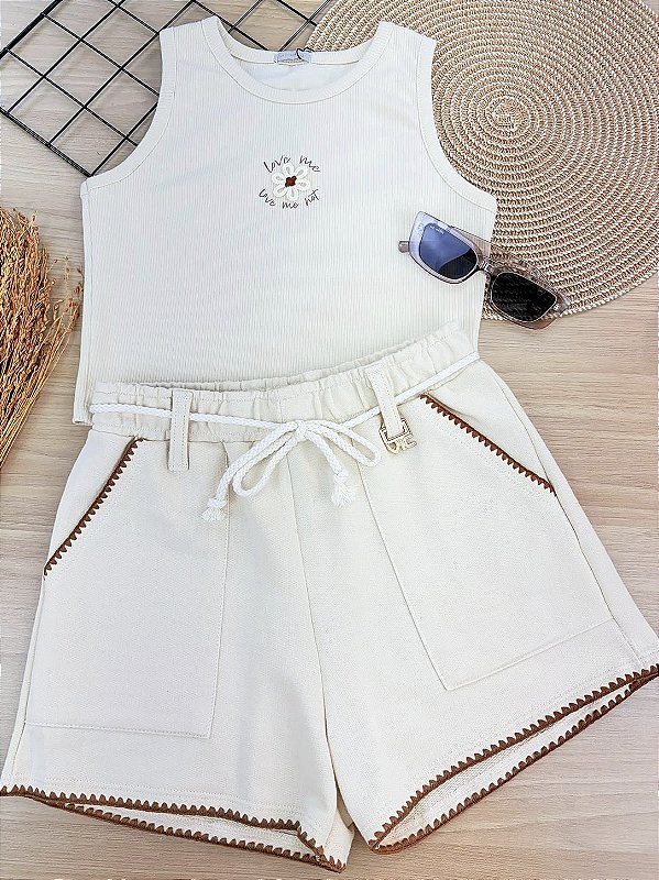 Conjunto de Regata em Canelado Liz e Shorts em Moletom sem Pelúcia Vic&Vicky