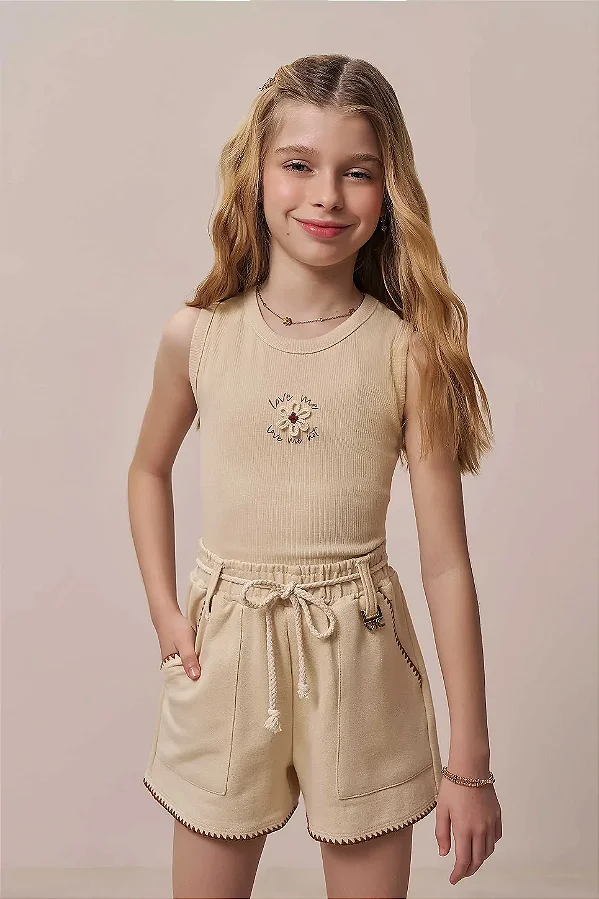 Conjunto de Regata em Canelado Liz e Shorts em Moletom sem Pelúcia Vic&Vicky