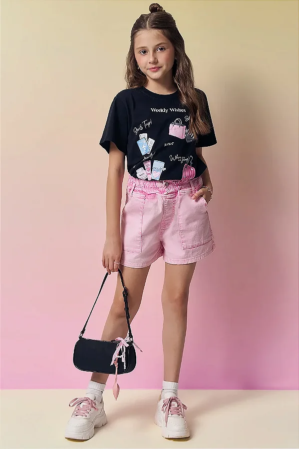 Shorts em Sarja com Elastano Rosa Vic Vicky