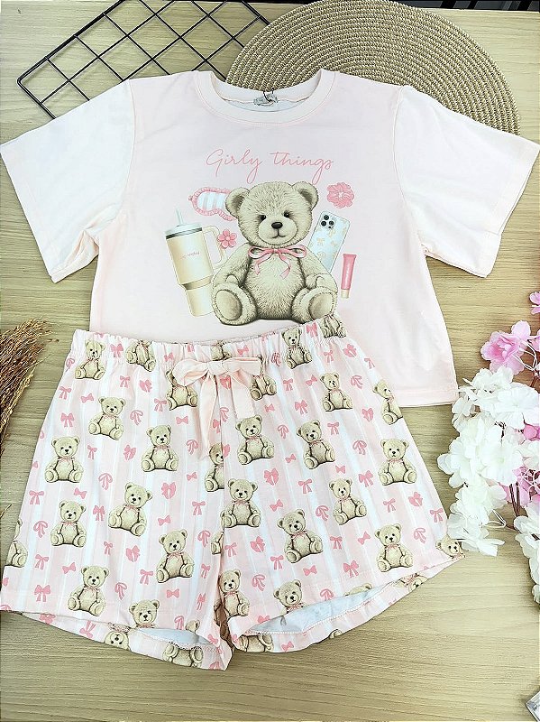 Conjunto de Pijama com Blusa em Meia Malha e Shorts em Malha Fresh Vic Vicky