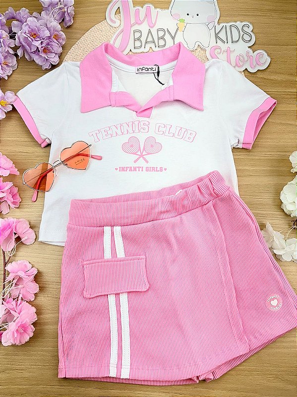 Conjunto de Blusa Polo em Meia Malha e Short Saia em Soft Line Infanti Infantil Menina