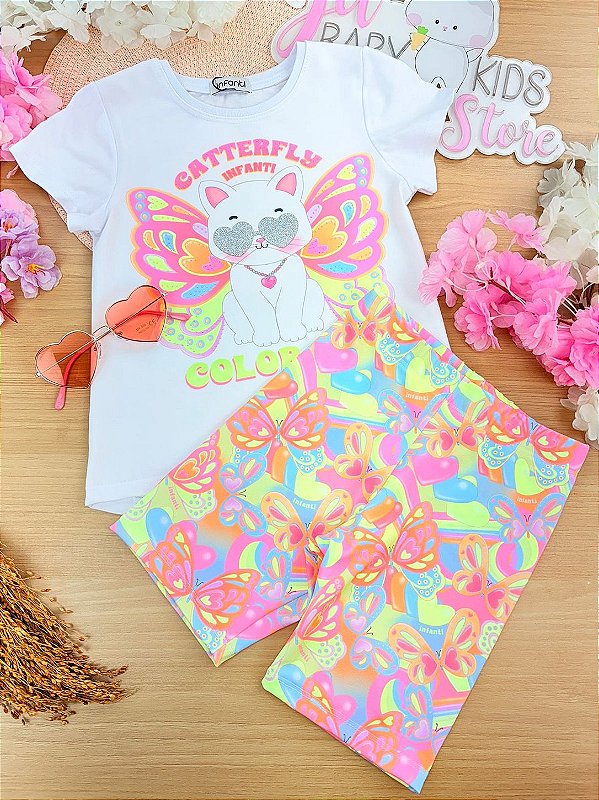 Conjunto de Blusa Alongada em Meia Malha e Bermuda Biker em Malha Power Infanti Infantil Menina