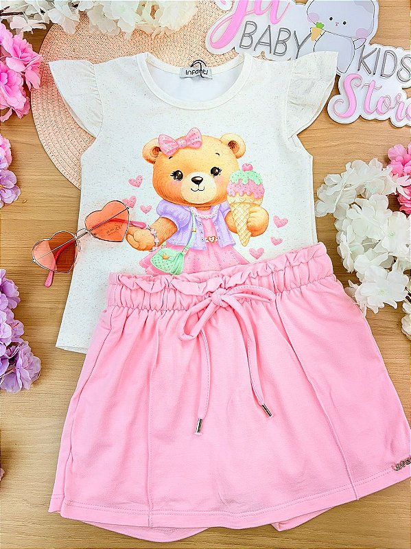 Conjunto de Blusa em Malha Power e Shorts Saia em Molevisco Infanti Infantil Menina