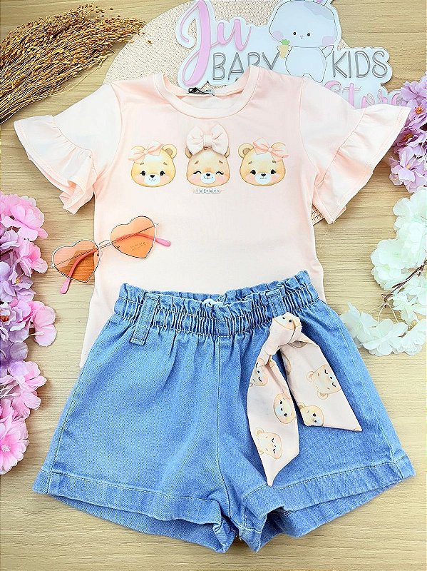Conjunto de Blusa em Cotton e Shorts em Jeans com Elastano Infanti Infantil Menina