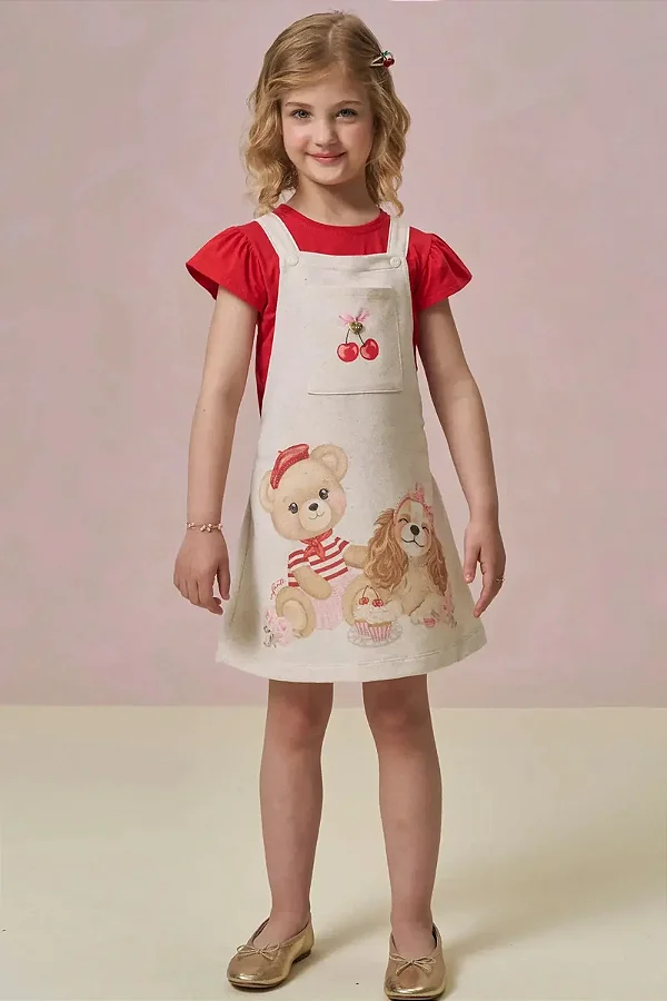 Conjunto de Blusa em Meia Malha e Salopete em Moletom Linho sem Pelúcia Infanti Infantil Menina