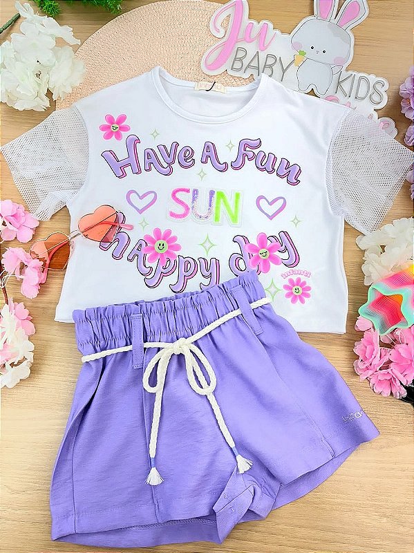 Conjunto de Blusa em Meia Malha e Tela e Shorts em Blend de Viscose Infanti Infantil Menina