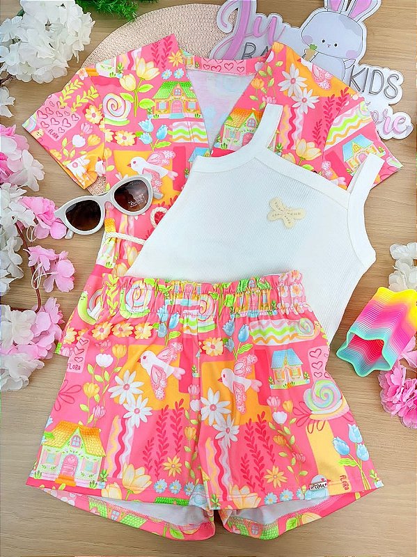 Trio de Regata em Canelado Liz com Sobreposição e Shorts em Malha Fresh Infanti Infantil Menina