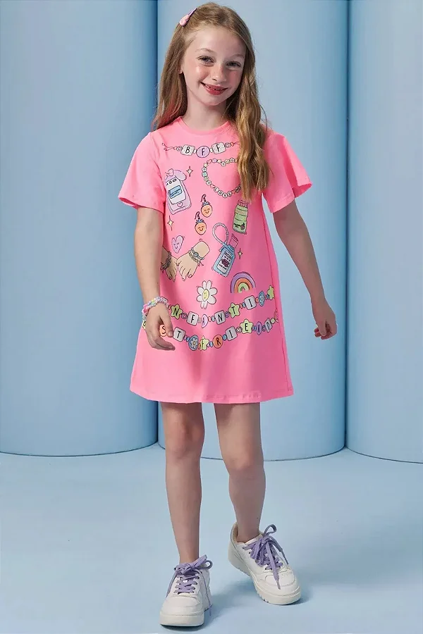 Vestido em Meia Malha. Acompanha Kit Pulseiras Infanti Infantil Menina
