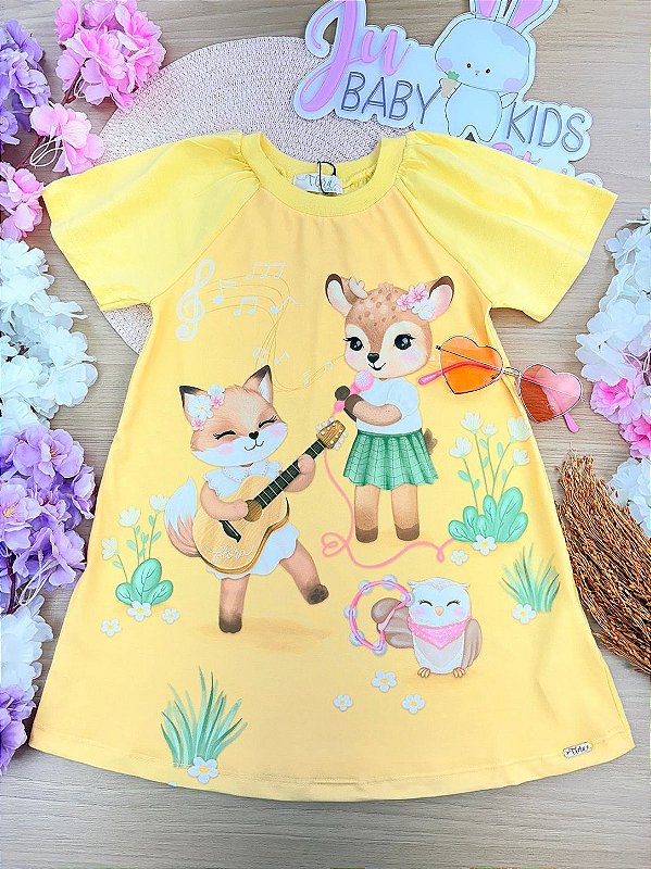 Vestido em Meia Malha Amarelo Infanti Infantil Menina